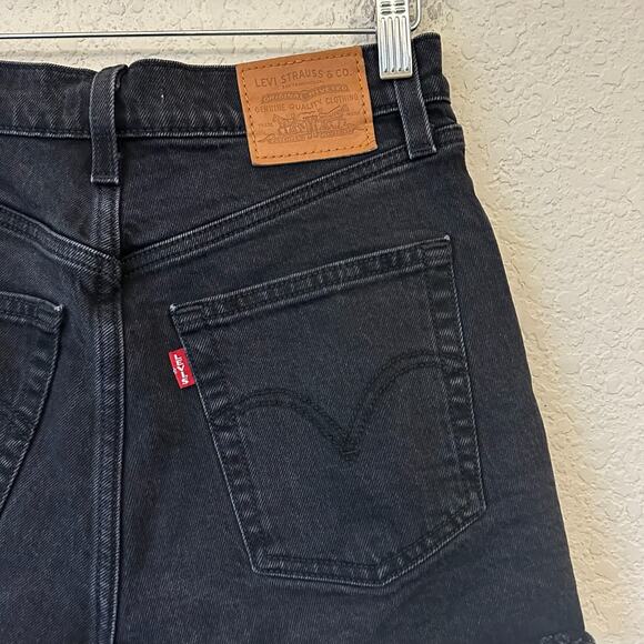 LEVI'S Ribcage Shorts Black Denim Cut Off Frayed High Rise Gothic - Picture 5 of 12